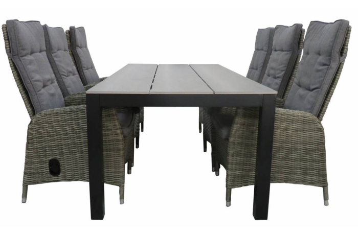 7 delige tuinset-6 kos verstelbare tuinstoelen-Ash Grey-Cyprus tuintafel-grey-polywood tafelblad-wicker-aluminium frame-vooraanzicht