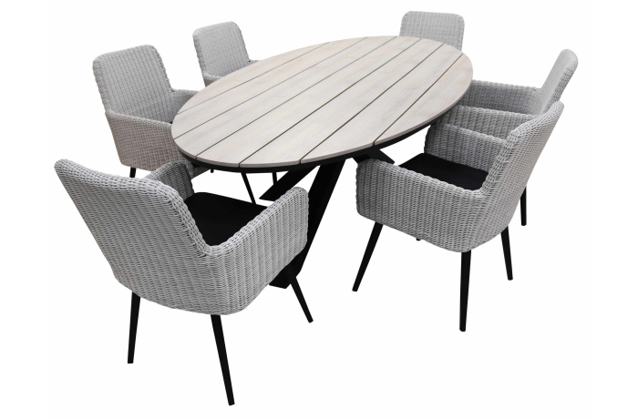 Pisa dining tuinset-7 delige tuinset-Pisa tuinstoel white-aluminium frame-rond wicker vlechtwerk-black zitkussen