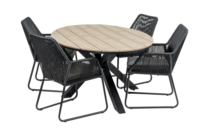 5-delige tuinset | 4 Mona tuinstoelen (Black) | 180cm ovale Cyprus tuintafel (Wood)