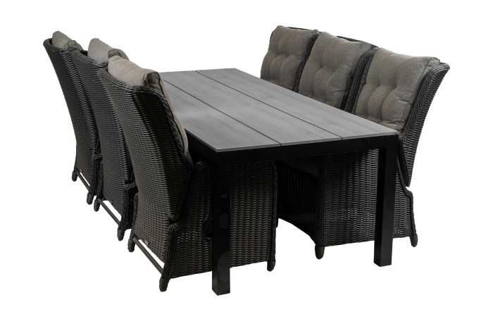 7 delige tuinset Dublin-Dublin verstelbare stoel-Black-polywood tuintafel-wicker vlechtwerk-aluminium frame