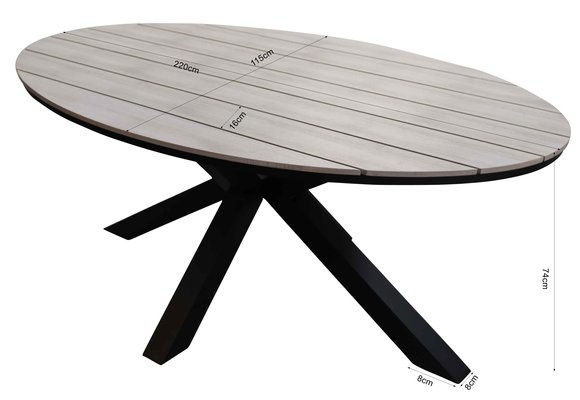 Cyprus ovale tuintafel 220cm-polywood tafelblad-wood tuintafel-aluminium frame-afmetingen