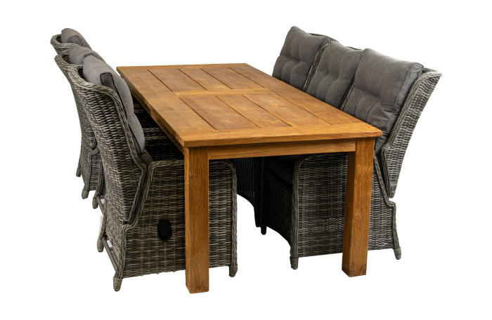 Dublin lounge dining set-6 Dublin verstelbare tuinstoelen-Ash Grey-Teakhout tuintafel-aluminium frame-wicker