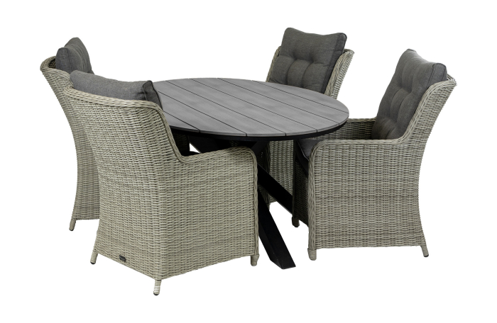 Dublin ronde tuinset-5 delige tuinset-Dublin tuinstoel-Mystic Grey-polywood tuintafel-wicker vlechtwerk-aluminium frame-