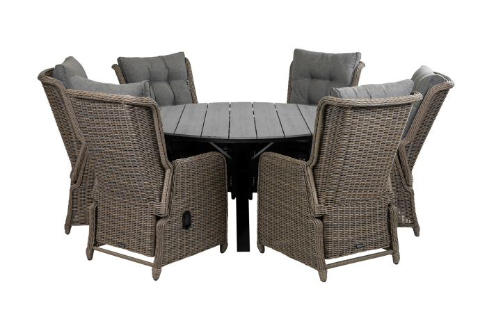 Dublin ronde tuinset-7 delige tuinset-Dublin verstelbare tuinstoel-polywood tuintafel-wicker vlechtwerk-aluminium frame