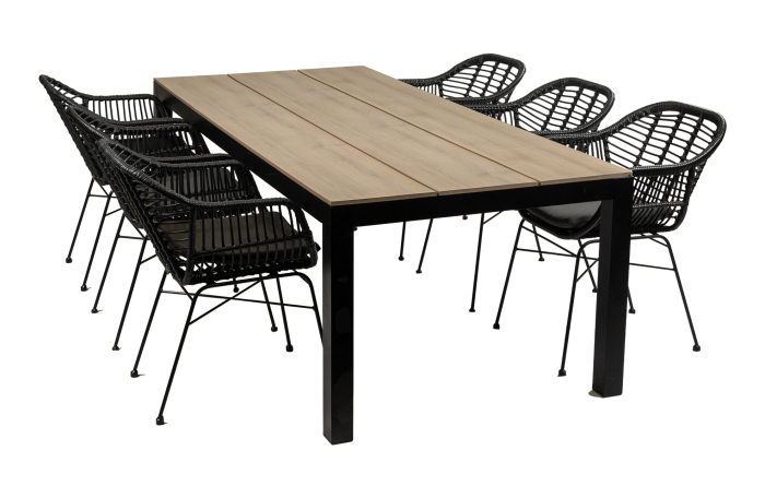Oslo tuinset-7 delige tuinset-Oslo dining tuinstoel-black-polywood tuintafel-rond wicker vlechtwerk-aluminium frame