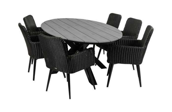 Pisa ovale tuinset-7 delige tuinset-Pisa tuinstoel black-rond wicker vlechtwerk-polywood tuintafel-aluminium frame
