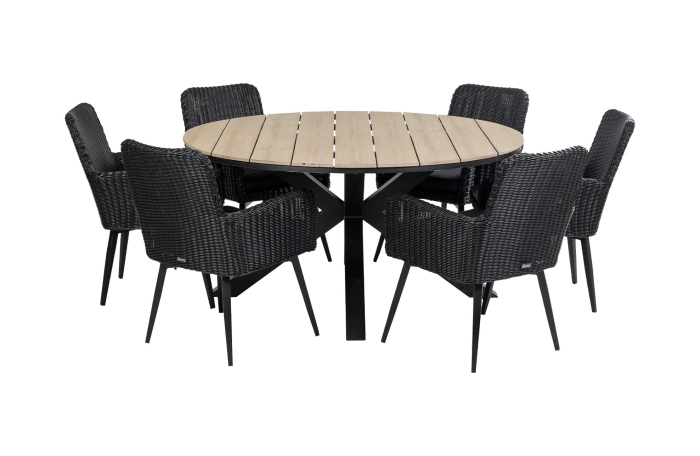 Pisa ronde tuinset-7 delige tuinset-Pisa tuinstoel black-polywood tuintafel-wicker vlechtwerk-aluminium frame