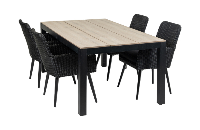 Pisa tuinset-5 delige tuinset-Pisa tuinstoel-black-rond wicker vlechtwerk-aluminium frame-polywood tuintafel-wood kleur tuintafel