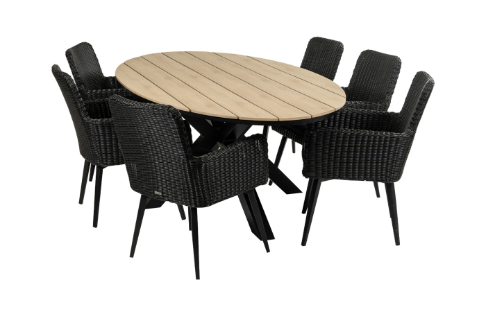 sa dining tuinset-7 delige tuinset-Pisa tuinstoel black-polywood tuintafel-rond wicker vlechtwerk-aluminium frame