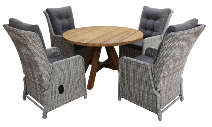 teakhouten-tuintafel-rond-wicker-mystic-grey-verstelbare-tuinstoelen