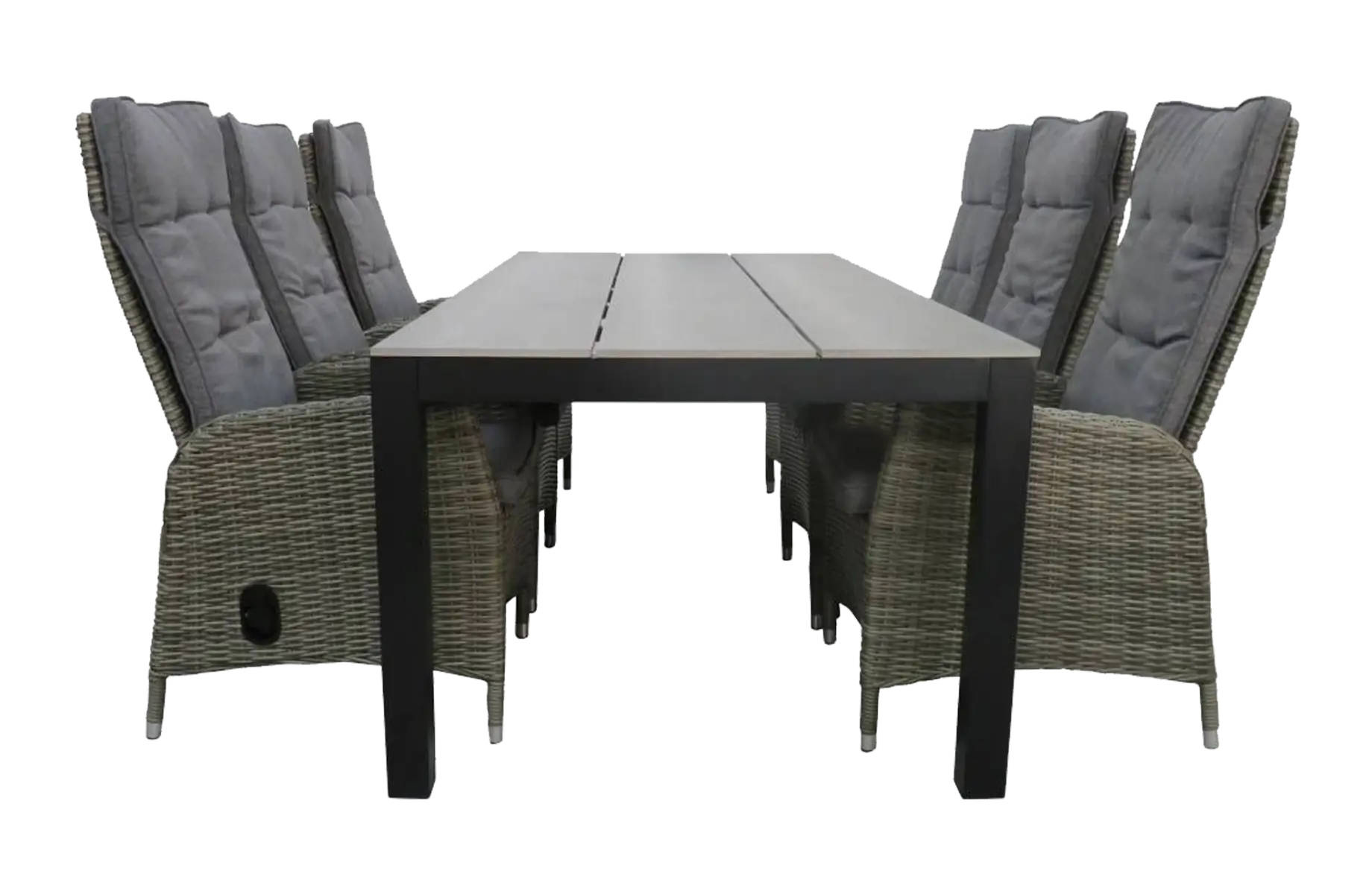 7 delige tuinset-6 kos verstelbare tuinstoelen-Ash Grey-Cyprus tuintafel-grey-polywood tafelblad-wicker-aluminium frame-vooraanzicht