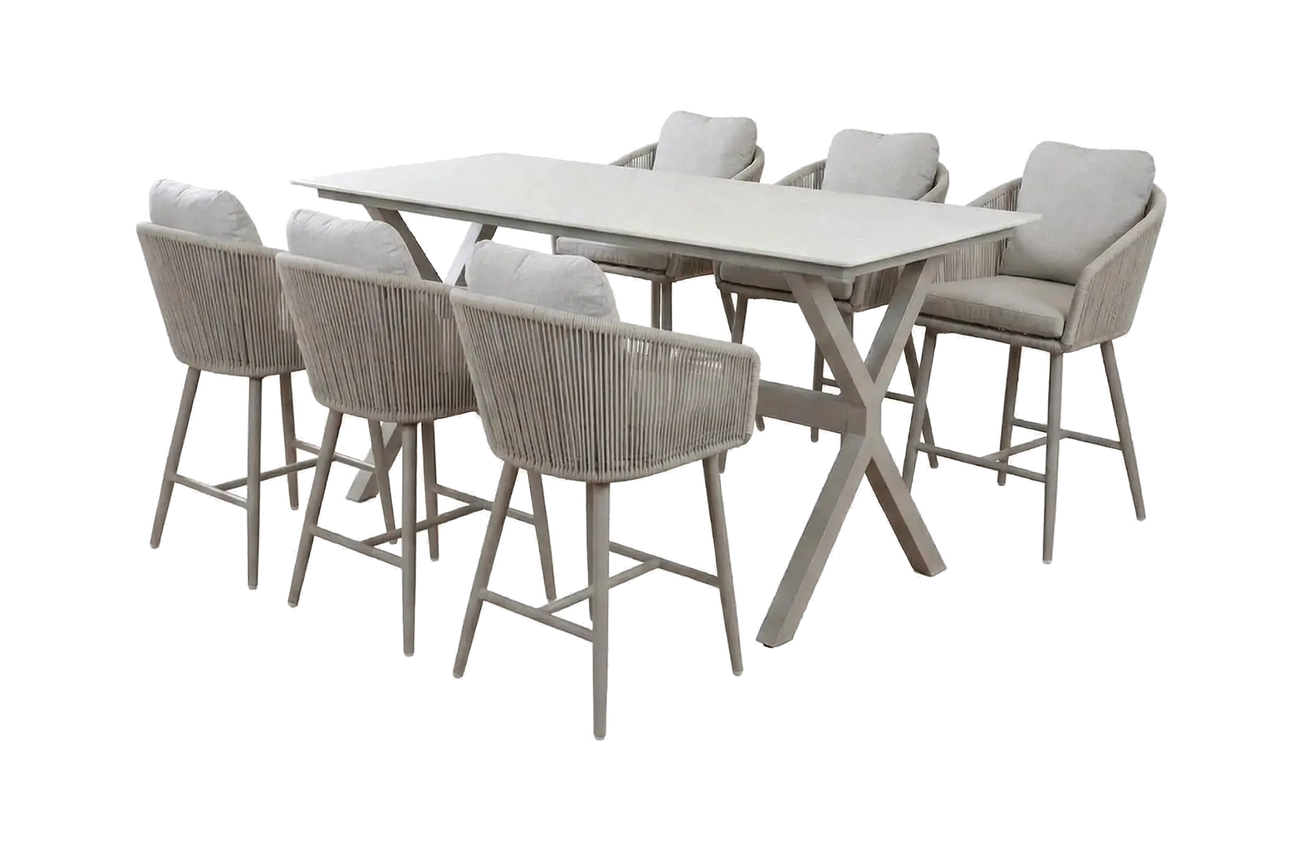7-delige barset | 6 barstoelen Alezio (Beige) | Bartafel Barletta 200x75cm | Beige & Camel Sandstone