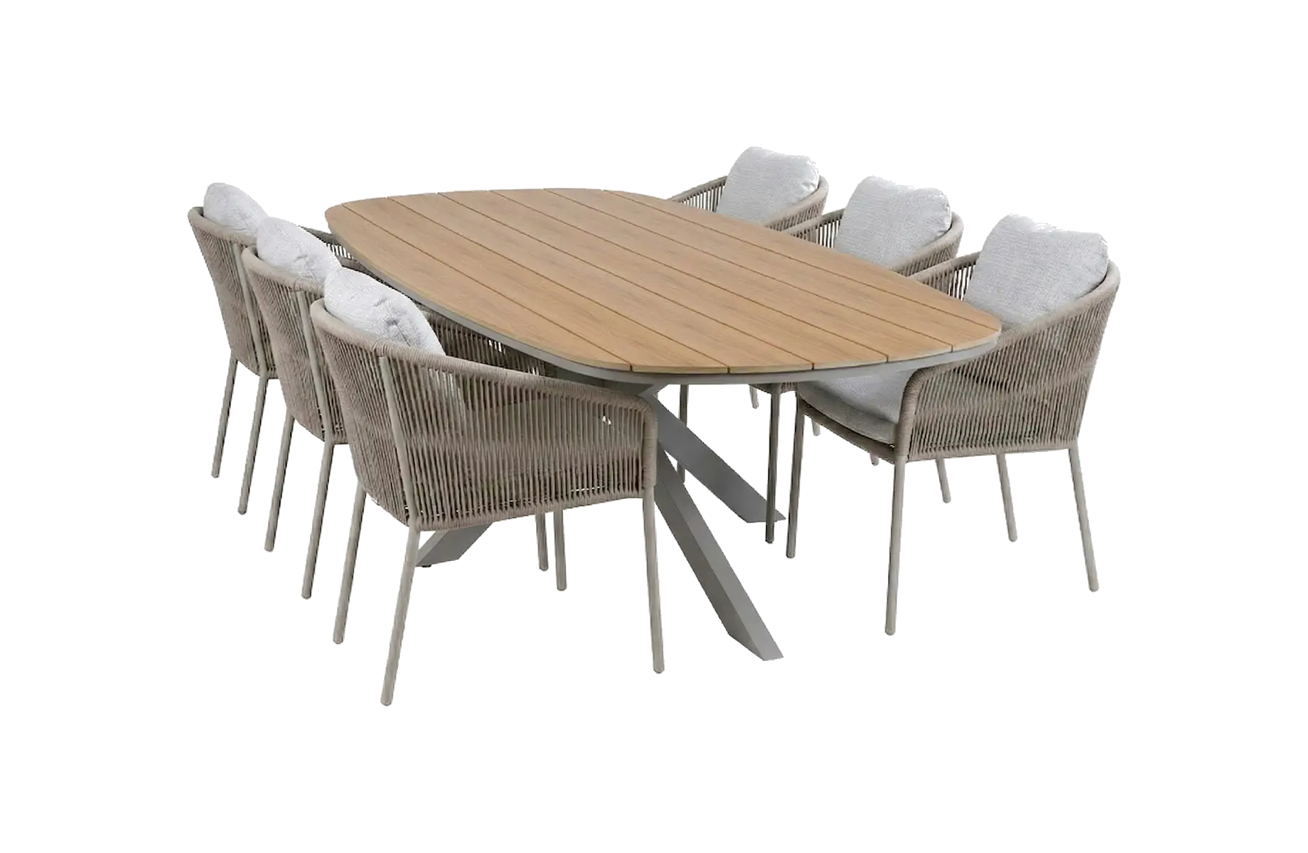 7-delige tuinset | 6 Alezio tuinstoelen (Latte/Camel) | Tuintafel Cadiz 240x115cm (Teaklook/Camel)