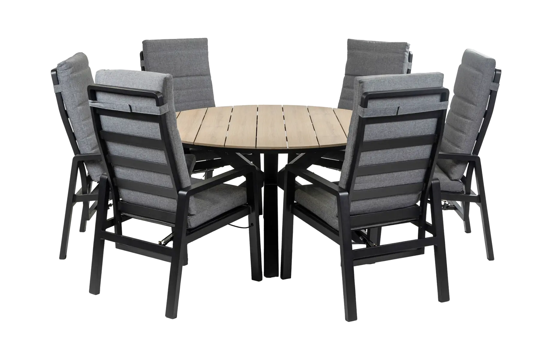 7-Delige ronde tuinset | 6 Berlijn tuinstoelen (Black) | Tuintafel Cyprus ø150cm (Wood)