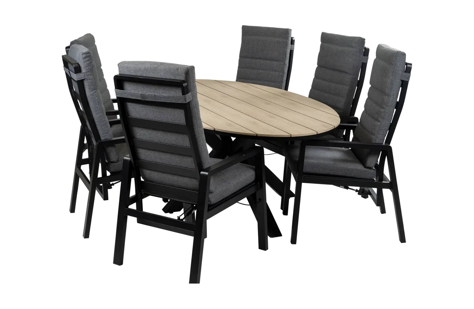 7-Delige tuinset | 6 Berlijn tuinstoelen (Black) | 220cm ovale Cyprus tuintafel (Wood)