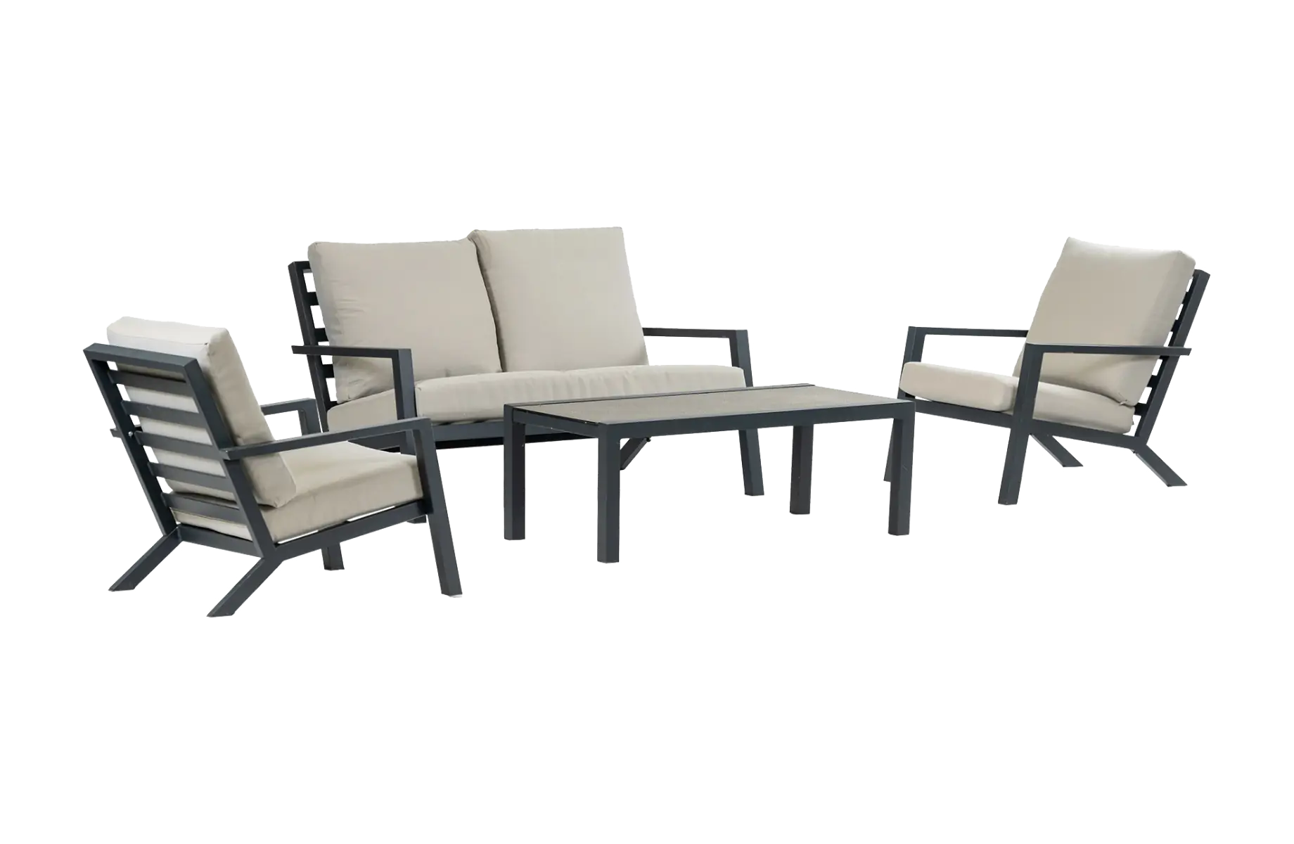 Stoel-bank Loungeset Bezano | met 2-persoonsbank | Matt Black/Off White |  Aluminium