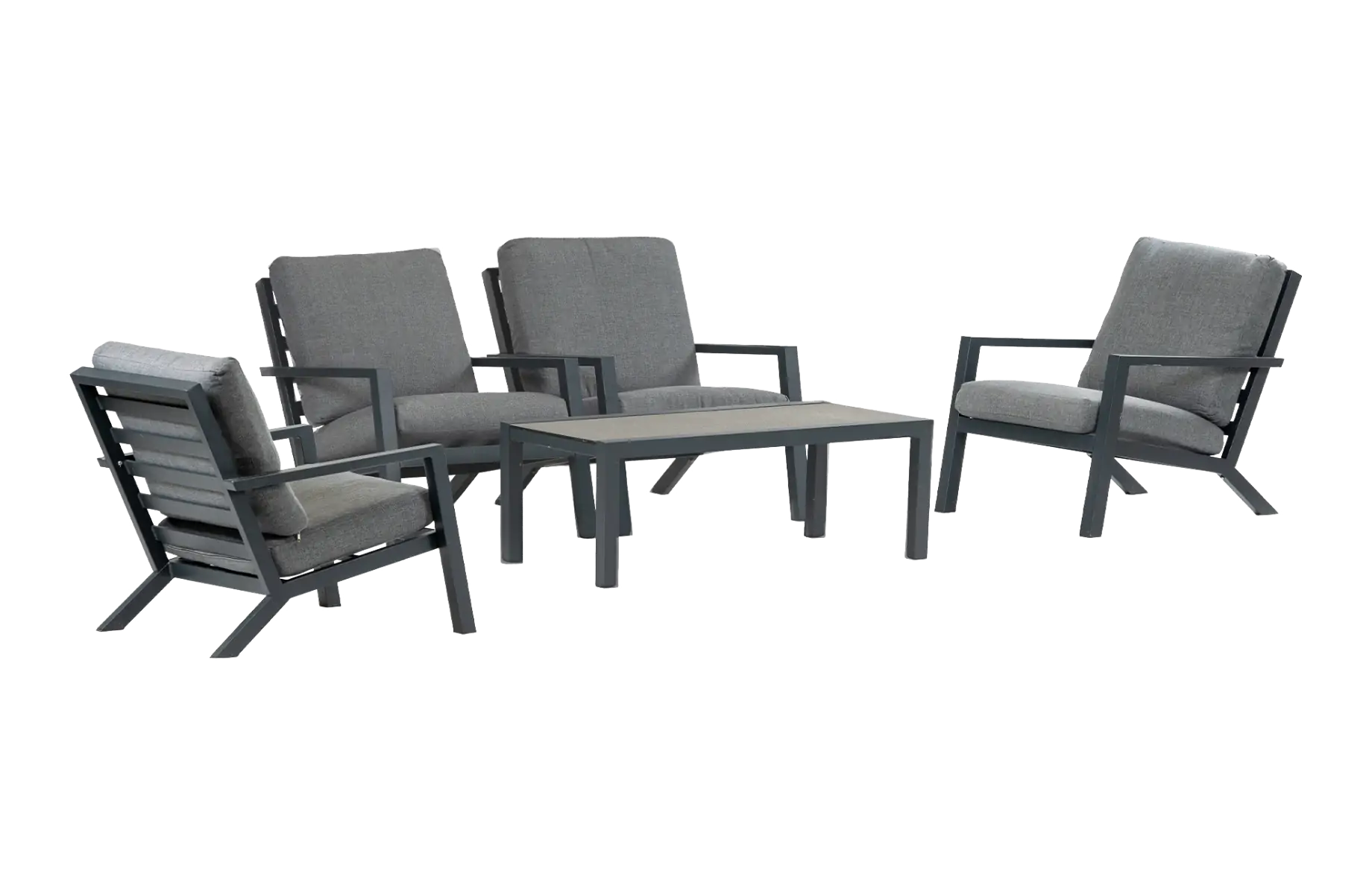 4x Bezano loungestoel | Grey + Loungetafel Bezano 120x60cm | Matt Black | Aluminium
