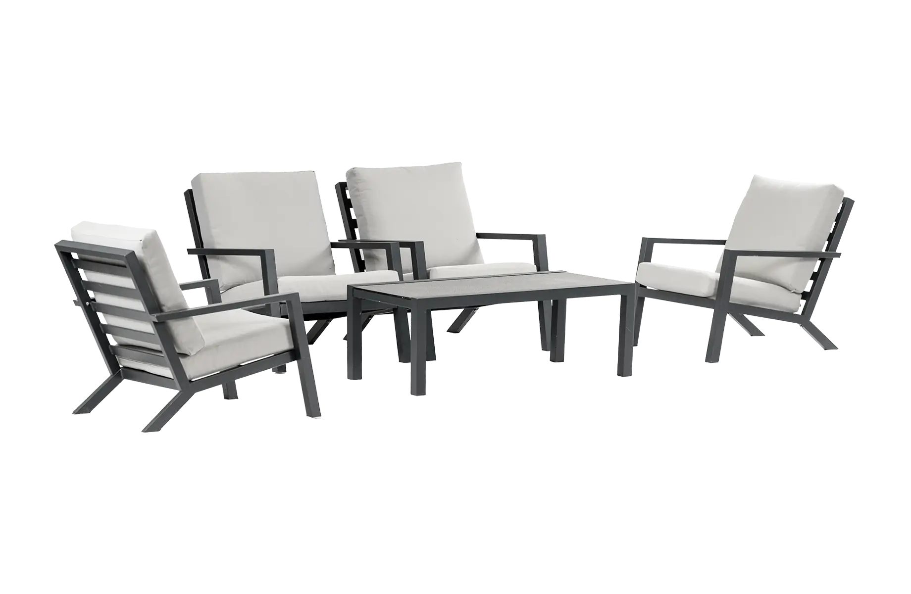 4x Bezano loungestoel | Off White + Loungetafel Bezano 120x60cm | Matt Black | Aluminium