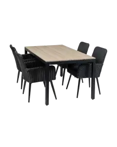 5-delige tuinset | 4 Pisa stoelen (Black) | 160cm Cyprus tuintafel (Wood)