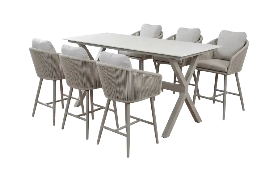 7-delige barset | 6 barstoelen Alezio | Bartafel Barletta 200x75cm | Beige & Camel Sandstone