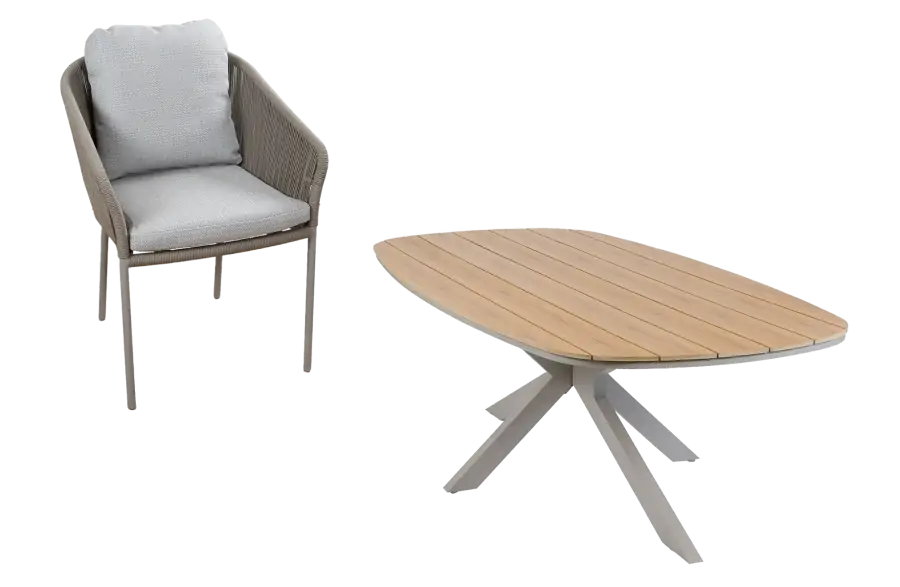 7-delige tuinset | 6 Alezio tuinstoelen (Latte/Camel) | Tuintafel Cadiz 240x115cm (Teaklook/Camel)