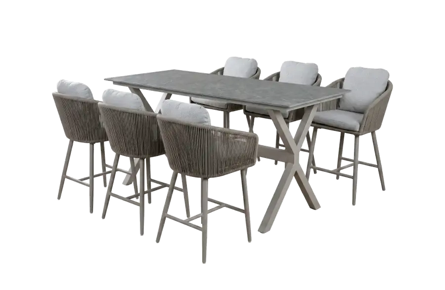 7-delige barset | 6 barstoelen Alezio (Camel) | Bartafel Barletta 200x75cm (Desert Pearl/Camel)