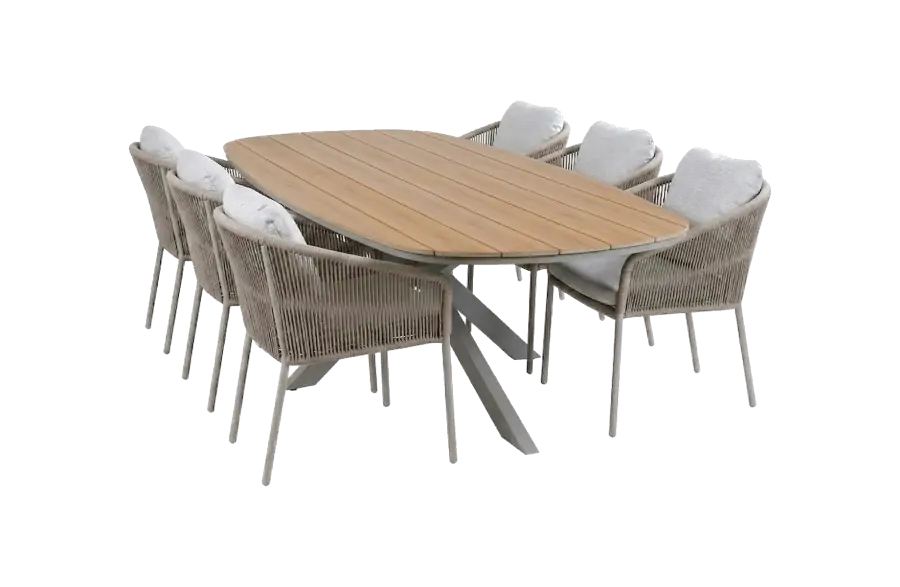 7-delige tuinset | 6 Alezio tuinstoelen (Latte/Camel) | Tuintafel Cadiz 240x115cm (Teaklook/Camel)