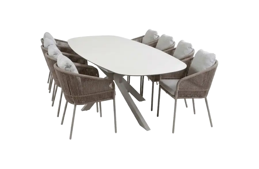 9-delige tuinset | 8 Alezio tuinstoelen (Latte/Camel) | Tuintafel Malaga 280x115cm (Camel)