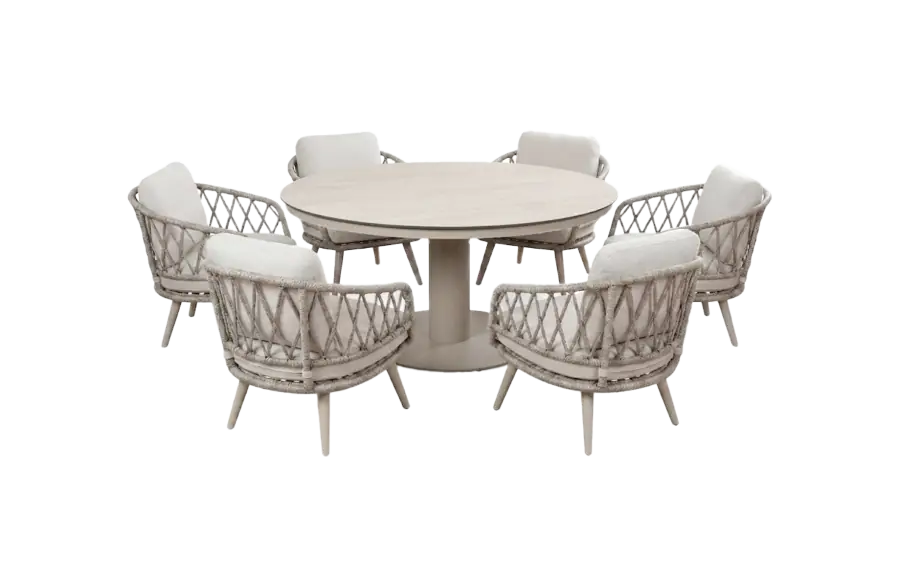 7-Delige ronde tuinset | 6 Aurora tuinstoelen (Sand/Sable) | Tuintafel Lille Ø159cm (Sand)