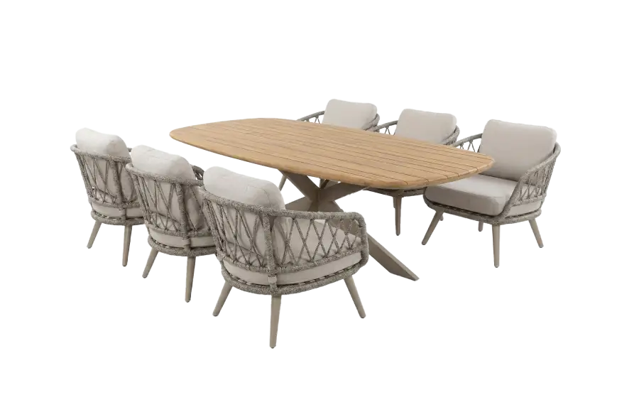 7-delige tuinset | 6 Aurora tuinstoelen (Sand/Sable) | Tuintafel Aurora 220x110cm (Teak/Sable)