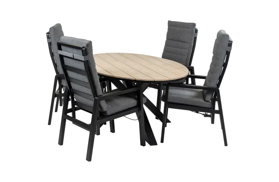 5-Delige tuinset | 4 Berlijn tuinstoelen (Black) | 180cm ovale Cyprus tuintafel (Wood)
