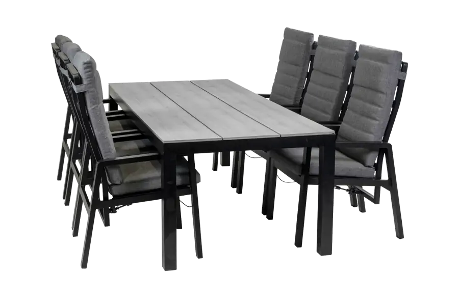 7-delige tuinset | 6 Berlijn tuinstoelen Black | Tuintafel Cyprus 225x100cm Grey
