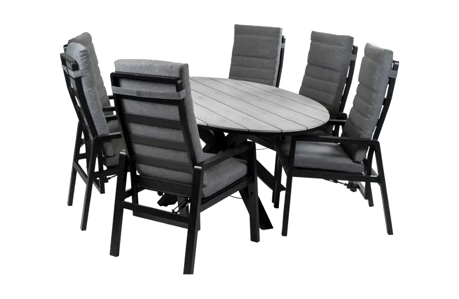 7-Delige tuinset | 6 Berlijn tuinstoelen (Black) | 220cm ovale Cyprus tuintafel (Grey)
