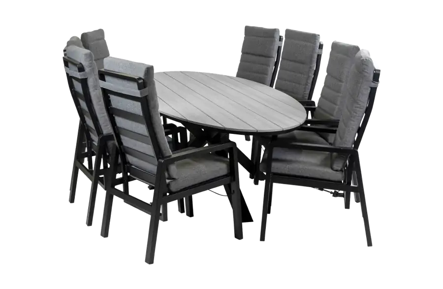 9-Delige tuinset | 8 Berlijn tuinstoelen (Black) | 280cm ovale Cyprus tuintafel  (Grey)