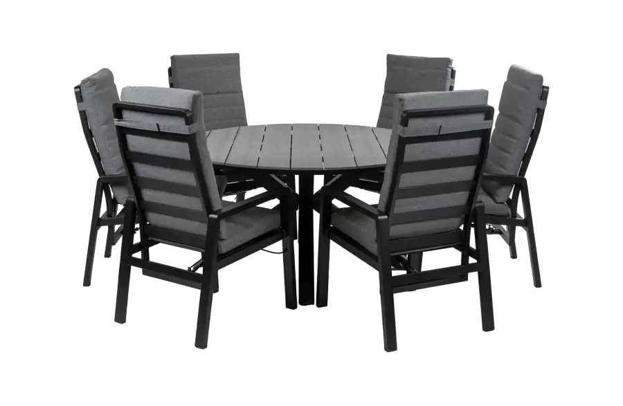 7-Delige ronde tuinset | 6 Berlijn tuinstoelen (Black) | Tuintafel Cyprus ø150cm (Grey)