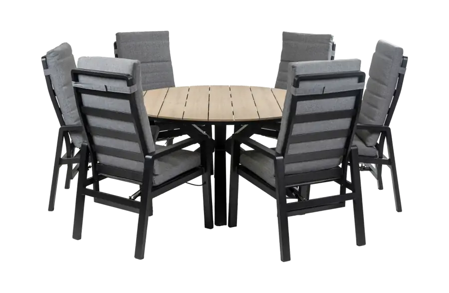 7-Delige ronde tuinset | 6 Berlijn tuinstoelen (Black) | Tuintafel Cyprus ø150cm (Wood)