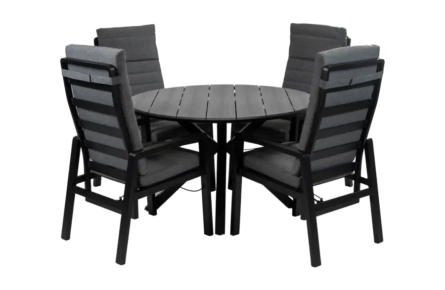 Berlijn-zwarte tuinstoel-grijze-tafelblad-4 persoons-4-seizoenen-tuinmeubelen