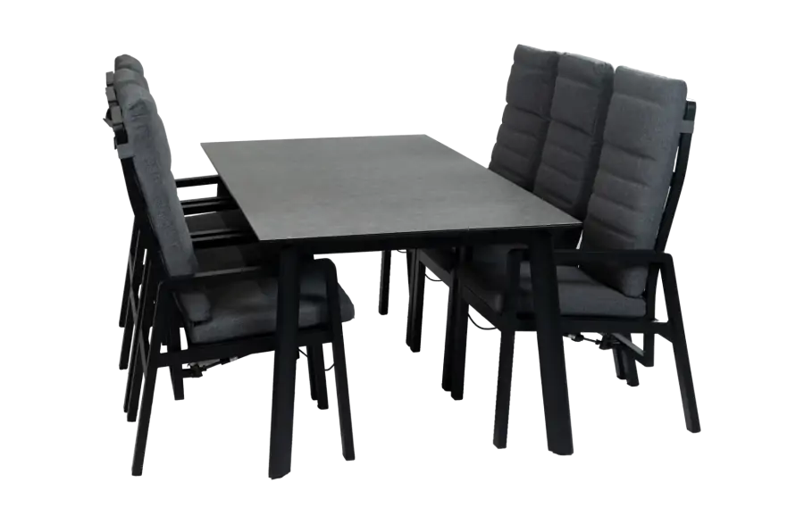 7-delige tuinset | 6 verstelbare Berlijn tuinstoelen (Black) | Tuintafel Malta 220x100cm (Black)