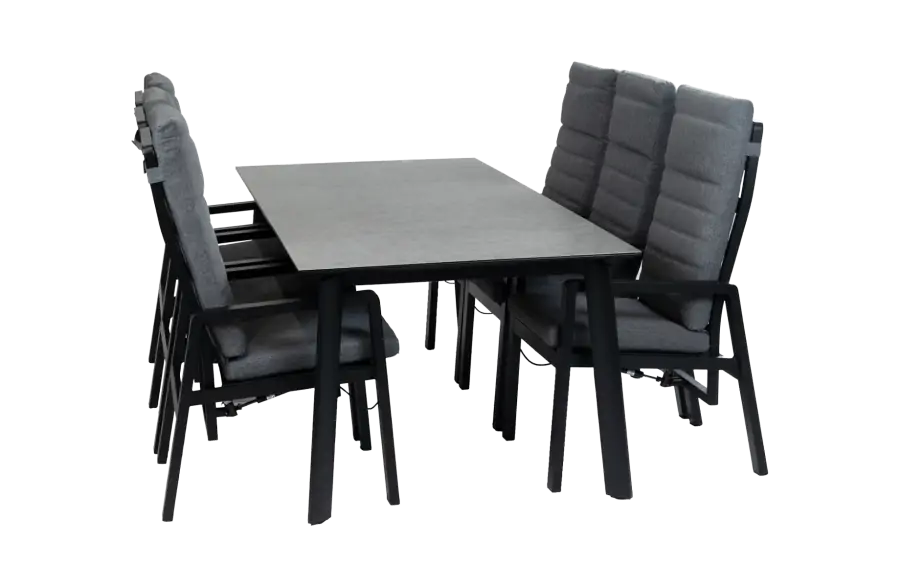 7-delige tuinset | 6 verstelbare Berlijn tuinstoelen (Black) | Tuintafel Malta 220x100cm (Black)