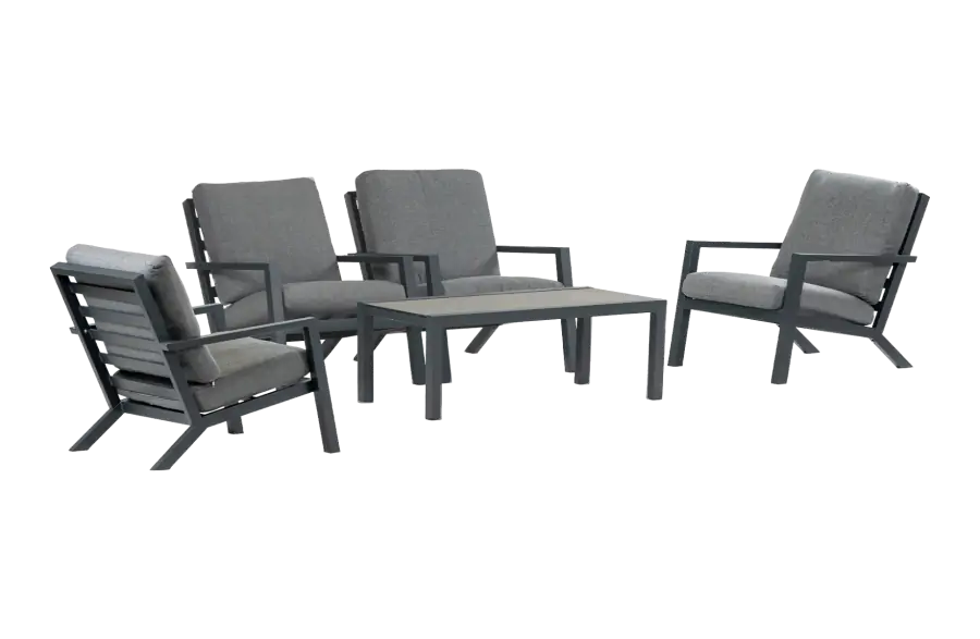 4x Bezano loungestoel | Grey + Loungetafel Bezano 120x60cm | Matt Black | Aluminium