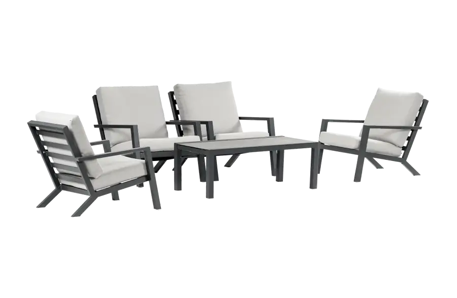 4x Bezano loungestoel | Off White + Loungetafel Bezano 120x60cm | Matt Black | Aluminium
