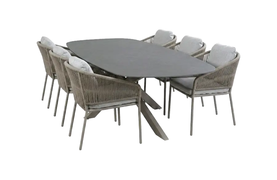 7-delige tuinset | 6 Brindsi tuinstoelen (Camel) | Tuintafel Barletta 240x115cm (Desert Pearl/Camel)