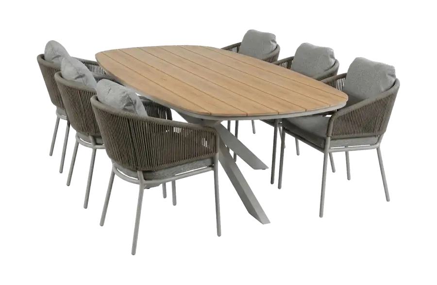 7-delige tuinset | 6 Brindsi tuinstoelen (Latte & Camel) | Tuintafel Cadiz 240x115cm (Camel)