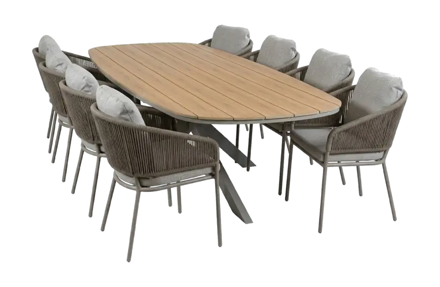 9-delige tuinset | 8 Brindsi tuinstoelen (Latte & Camel) | Tuintafel Cadiz 280x115cm (Camel)