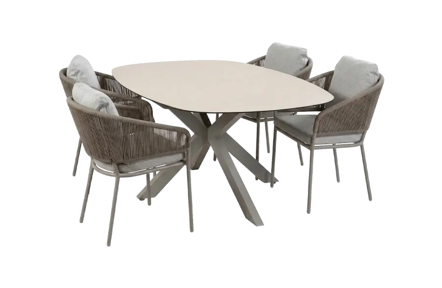 5-delige tuinset | 4 Brindsi tuinstoelen (Latte & Camel) | Tuintafel Malaga 180x115cm (Camel)