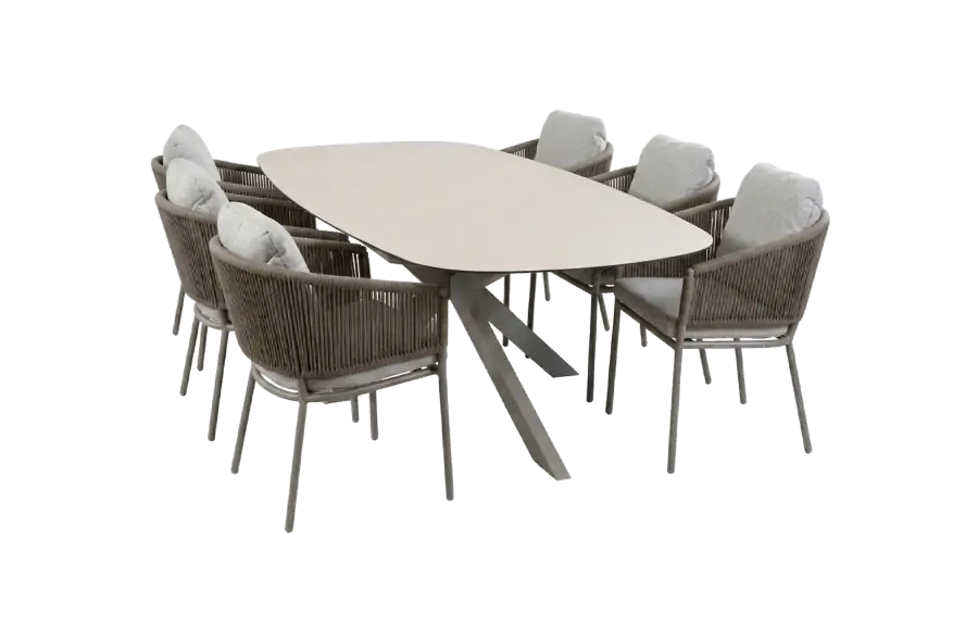 7-delige tuinset | 6 Brindsi tuinstoelen (Latte & Camel) | Tuintafel Malaga 240x115cm (Camel)