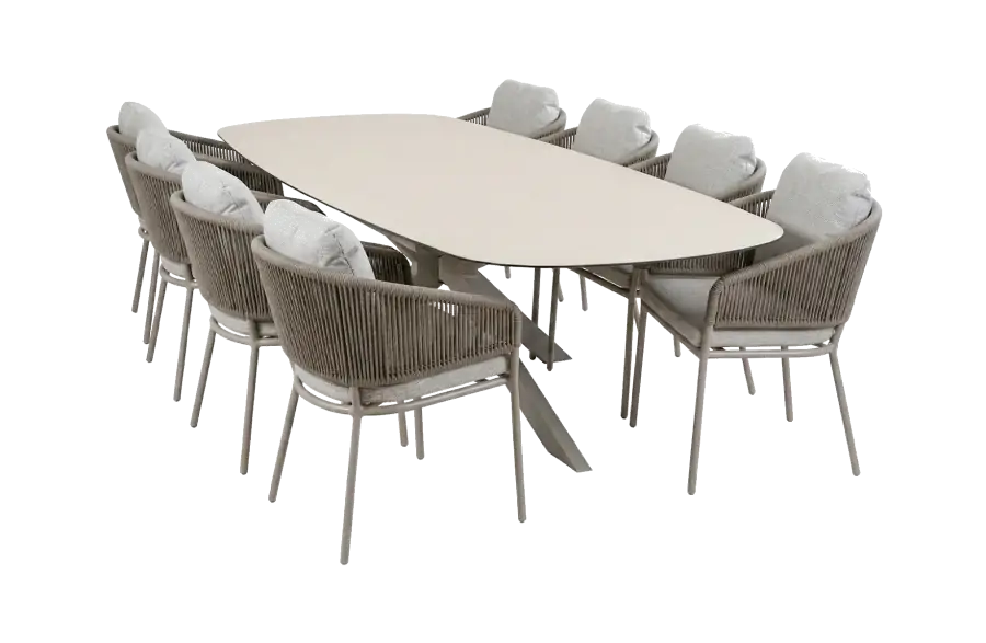 9-delige tuinset | 8 Brindsi tuinstoelen (Latte & Camel) | Tuintafel Malaga 280x115cm (Camel)