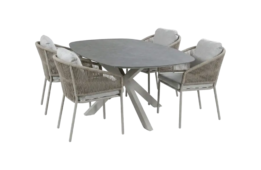 5-delige tuinset | 4 Brindsi tuinstoelen (Camel) | Tuintafel Barletta 180x115cm (Desert Pearl/Camel)