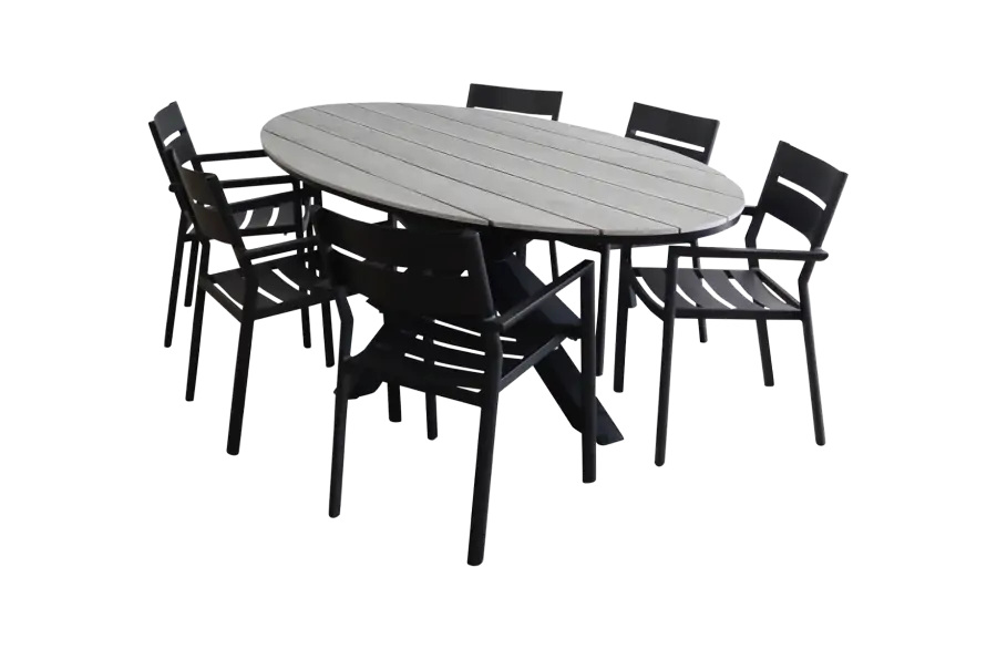 Delia ovale tuinset-7 delige tuinset-Delia stapelbare tuinstoel-black-polywood tuintafel-aluminium frame