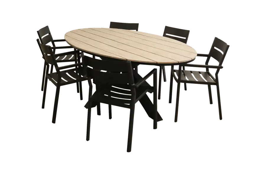 Delia ovale tuinset-7 delige tuinset-Delia stapelbare tuinstoel-black-polywood tuintafel-polywood tuintafel-aluminium frame-vooraanzicht